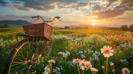 Küchenrückwand glas motiv Bicycle with a wicker basket in a Beautiful spring landscape with colorful wildflowers in a green meadow, mountain background, at sunset. © Amer