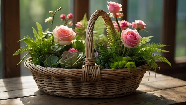Charming basket of spring flowers. A selection of roses, kalanchoe in bloom, ferns, and chamaedorea palms are elegantly arranged in a basket with a looped handle, which can be used multiple times. The
