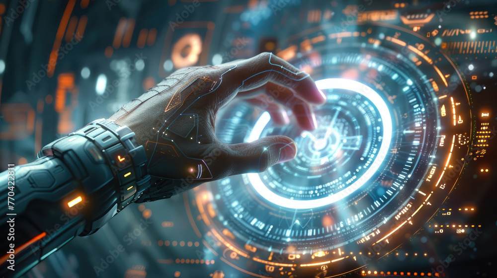 Poster Digital interface with hand touch futuristic background of virtual computer screen display or cyber communication hologram and innovation. Generative AI.