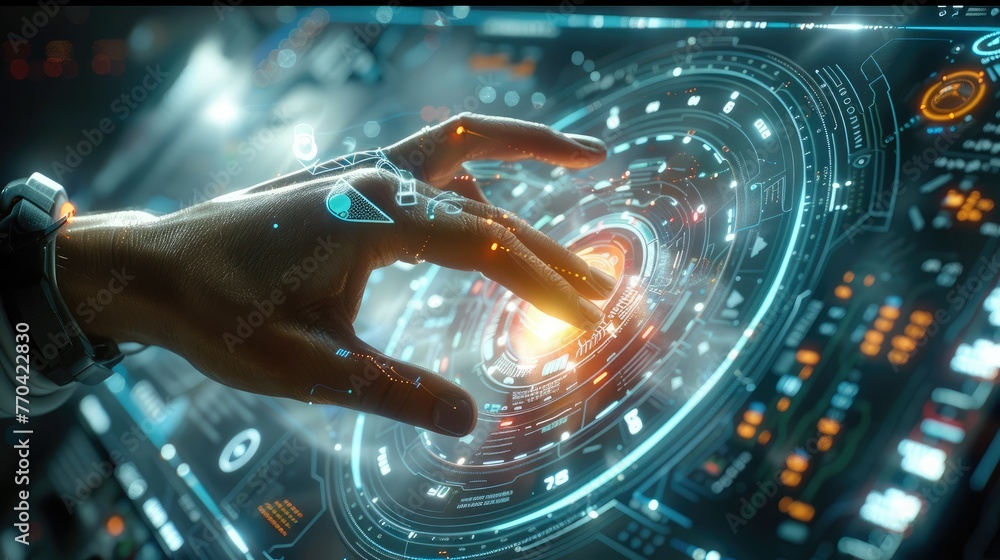Poster Digital interface with hand touch futuristic background of virtual computer screen display or cyber communication hologram and innovation. Generative AI.