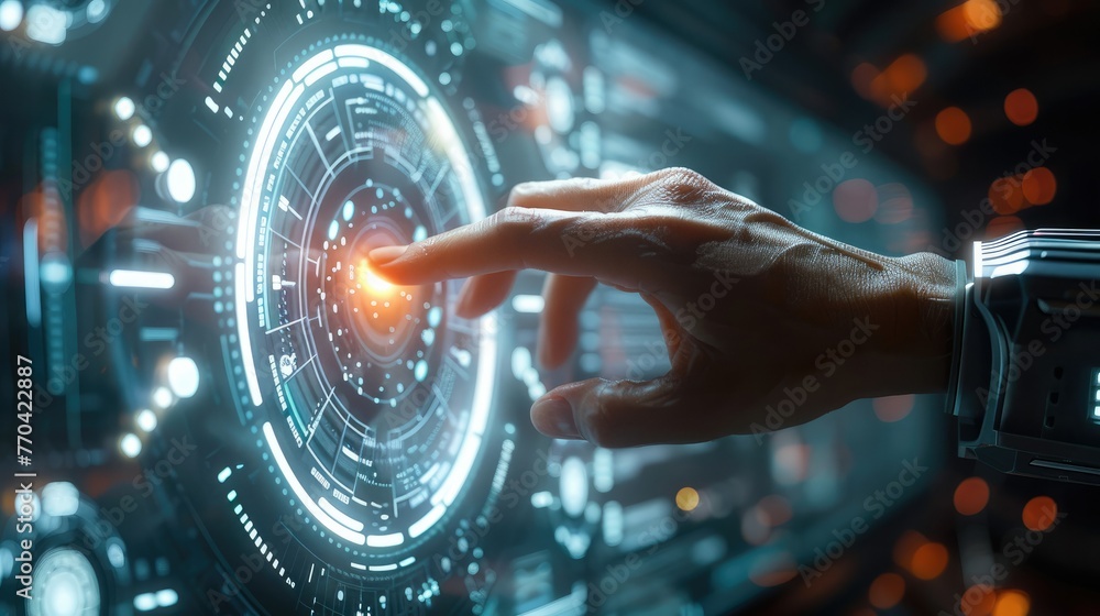 Poster Digital interface with hand touch futuristic background of virtual computer screen display or cyber communication hologram and innovation. Generative AI.