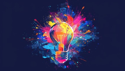 Vibrant light bulb surrounded by a burst of colorful splashes, representing a burst of creative ideas. - obrazy, fototapety, plakaty