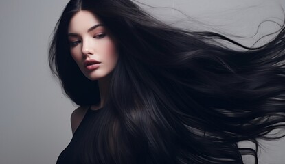 a woman with luscious, glossy, wavy black hair, radiating health and vitality with every sleek strand.