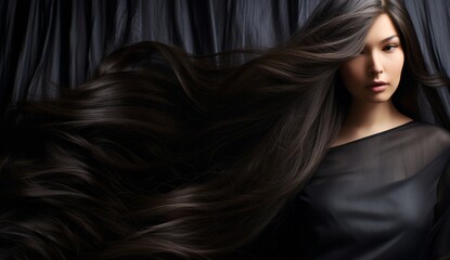 Naklejka premium a woman with luscious, glossy, wavy black hair, radiating health and vitality with every sleek strand.