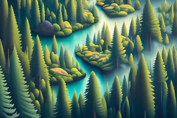 evergreen forest view from overhead, fog rolling in, looks like the pacific northwest, illustration - obrazy, fototapety, plakaty
