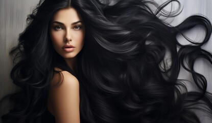 a woman with luscious, glossy, wavy black hair, radiating health and vitality with every sleek strand.