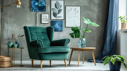 Blue armchair next to a green futon in grey bedroom interior with posters on concrete wall , Green armchair in modern green interior