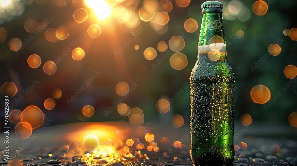 Poster close up of green bottle of beer with drops. a beam of light passes through the bottle. generative a