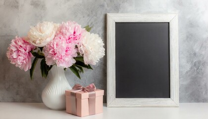 Peonies, gift and black chalkboard with space for text