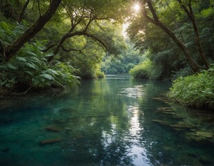 Photograph a serene river (kawa) flowing gently through a lush landscape, with overhanging trees and vibrant foliage reflected in the clear water. Capture the tranquility of the scene with soft sunlig