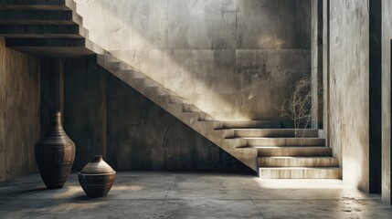 concrete hall with stairs and vases, Abstract empty, modern concrete room with indirect lighting from top of staircase in the back - industrial interior background template, 3D illustration

