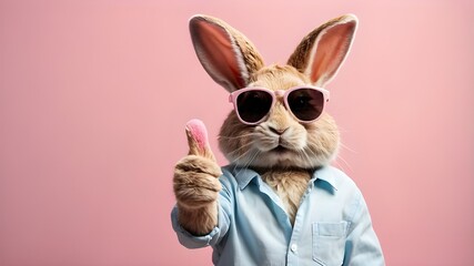 Sunglass-wearing Easter bunny giving a thumbs up against a pastel background with copy space