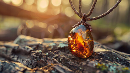 A hand-crafted amber pendant hangs delicately among natural forest setting in warm, golden sunlight