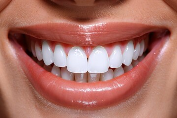 Close up of beautiful female smile after teeth whitening procedure. Dental care. Dentistry concept
