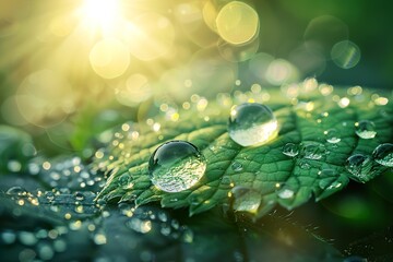 close-up macro shot of Beautiful water drops after rain on green leaf in sunlight