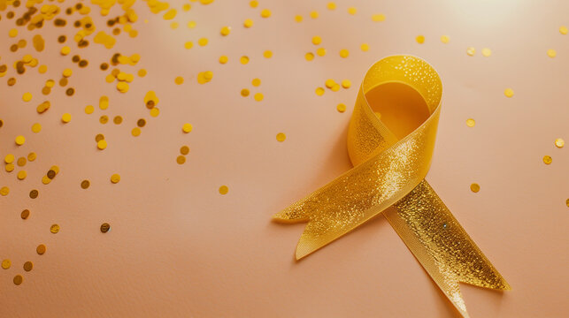 Flat lay gold shiny cancer ribbon confetti happy background childhood copd pediatric child support awareness month charity treatment survivor copy space header medical medicine care support hope