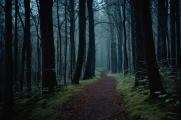 A path in a dark forest at night