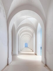 white neutral archway, diagonal composition wide shot, white neutral tones