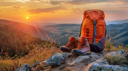 Set against the expansive vista of a high hill or rocky peak, vibrant orange hiking shoes and a rugged backpack stand as testaments to exploration.