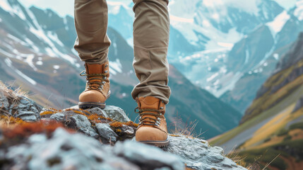 Los pies con botas de montaña se encuentran en una alta montaña. Concepto de senderismo y libertad. - obrazy, fototapety, plakaty