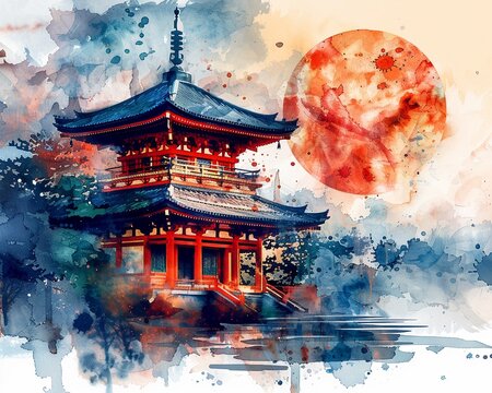 Artistic watercolor interpretation of Blockchain Borders, blending traditional Japanese techniques with modern commerce themes , high resolution DSLR, 8K, high detailed, super detailed , ultra HD, 8K 