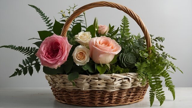 Enchanting spring floral basket. Comprising roses, flowering kalanchoe, ferns, and chamaedorea, this arrangement is beautifully presented in a basket featuring a loop handle for multiple uses. Expect 