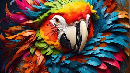 Imaginary vibrant parrot,a vibrant close-up parrot sporting a vibrant mustache, Decorative Parrot with Vibrant Feathers, - obrazy, fototapety, plakaty