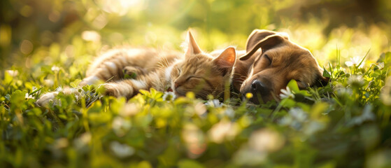 A dog and a cat sleep on the grass among flowers against the backdrop of sunset. The puppy and the cat are friends. - obrazy, fototapety, plakaty
