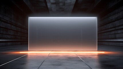 Sci Fi Futuristic Lighted Big Glass In Concrete Room With Refelctive Ceiling And Floor On The Dark Billboard Concept 3D Rendering