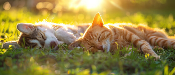 A puppy dog and a red cat sleep on the grass among flowers against the backdrop of sunset. The puppy and the cat are friends. - obrazy, fototapety, plakaty