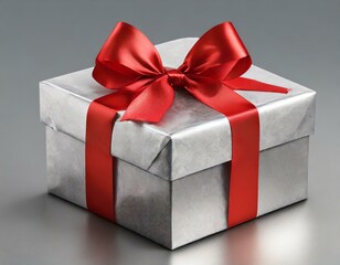 Obraz premium Silver gift box wrapped with a red ribbon and matching bow
