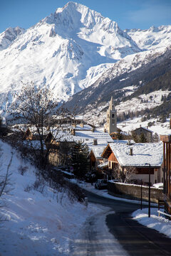 Winter view of Lanslevillard, a small, picturesque town in the French Alps