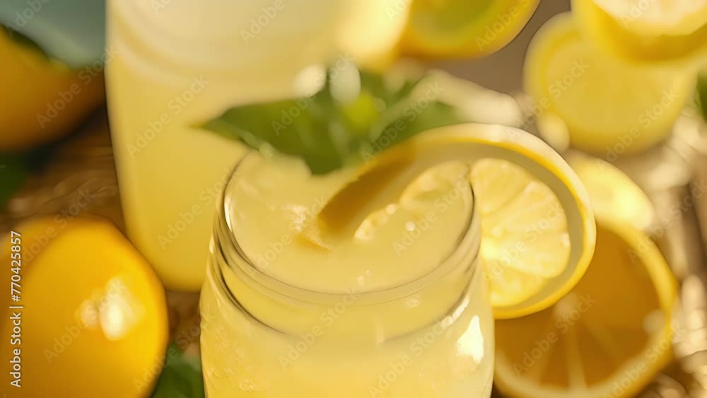 Poster a mason jar filled with refreshing lemonade garnished with a slice of lemon and a sprig of mint.