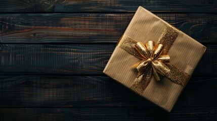 Festive Present: Christmas Gift with Gold Ribbon on Wooden Table