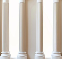 tall and narrow columns with white trim display symbolic elements and arched doorways in beige.