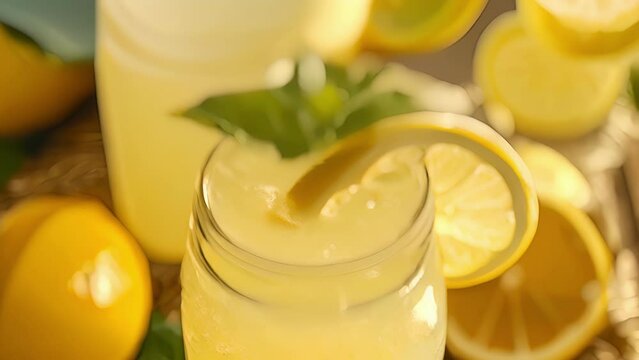 A mason jar filled with refreshing lemonade garnished with a slice of lemon and a sprig of mint.