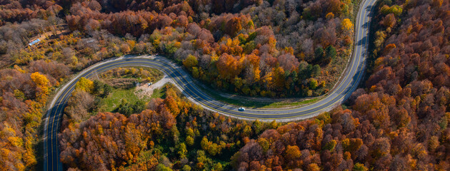aerial view of inegol domanic road with beautiful autumn colors of nature, Kutahya, Turkey