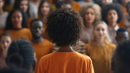 A woman in an orange shirt stands in front of a crowd of men and women, creating an innovative composition with orderly symmetry from a high-angle in grey academia.