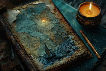 A talisman, book, candle, and pencil create a detailed environment with swirling vortexes in dark gold and azure. - obrazy, fototapety, plakaty