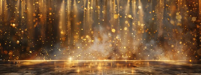 Gold and flashing lights illuminate an outdoor stage with a floor, creating an atmospheric abstraction, dotted and poignant, worthy of a contest winner. - obrazy, fototapety, plakaty