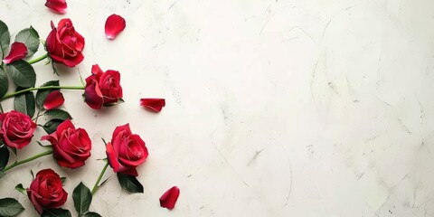 A romantic and elegant display of red roses with scattered petals against a textured backdrop, symbolizing love and beauty. Generated AI