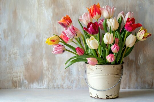 A vibrant bouquet of mixed tulips arranged in an old-fashioned bucket, set against a textured rustic backdrop. Perfect for springtime decor. Generated AI
