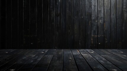 Black wooden floor and dark abstract wall interior texture for display products wall background.