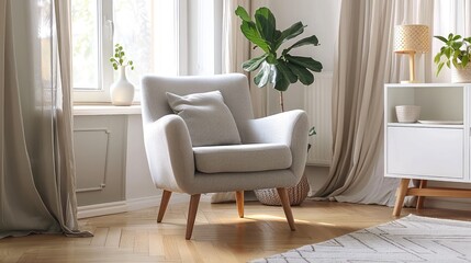 Grey armchair in living room interior with lamp and plant on cabinet next to beige sofa, Modern minimalist interior with comfortable armchair on empty white concrete wall background