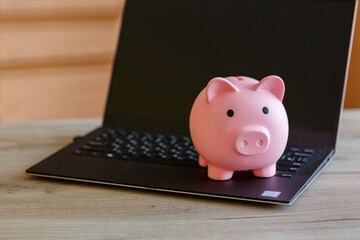 Pink piggy bank on the laptop keyboard. The concept of online savings, online banking, e-banking. Place for the text