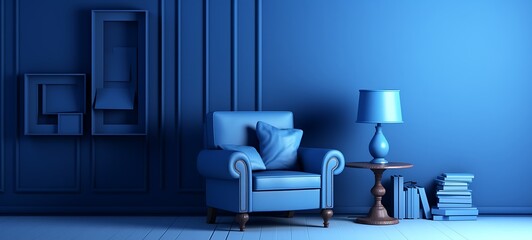 A blue room with an armchair, frames, a lamp and books. 3d render