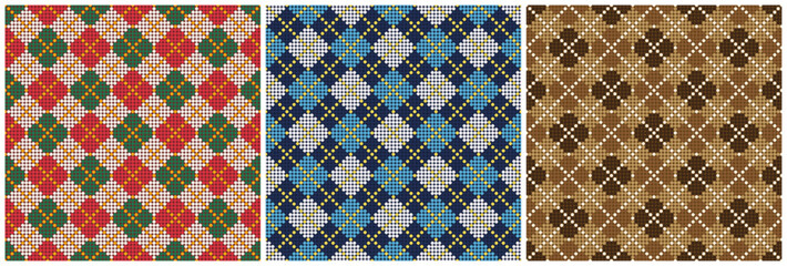 Seamless diagonal Dot shape patterns with Dot lines in red green blue brown and white for textile design. 