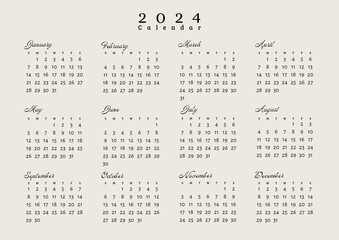 Simple vintage design 2024 calendar template. A4 size set of 12 months calendar, week starts sunday