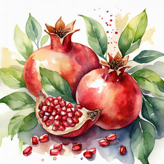 Watercolor illustration. Composition of two pomegranates with seeds and leaves. - obrazy, fototapety, plakaty