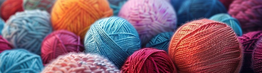 A pile of colorful yarn balls, arranged in different sizes and in various shades of blue, red, orange, and pink. - obrazy, fototapety, plakaty